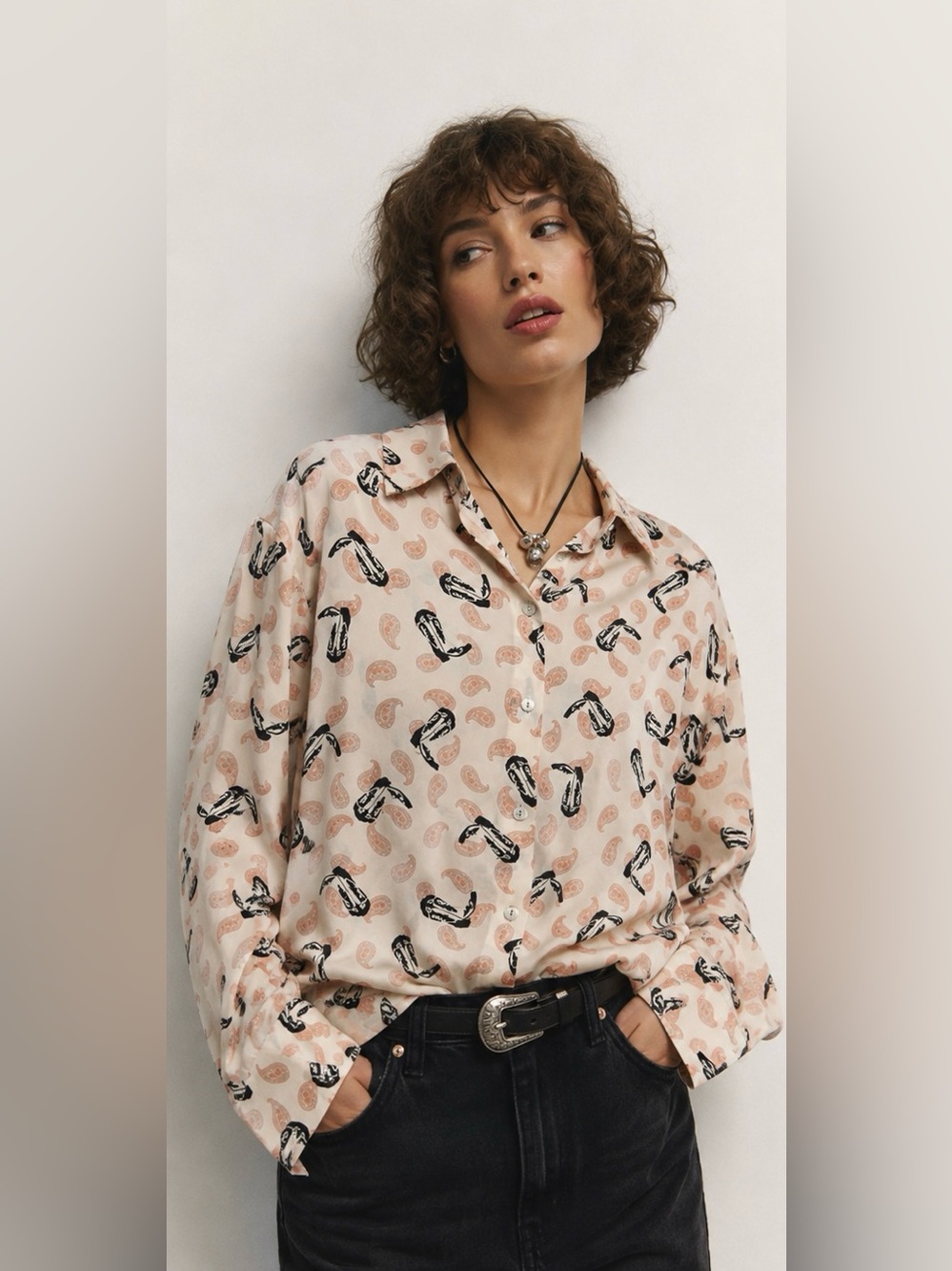 Zara oversized western boots printed button down shirt